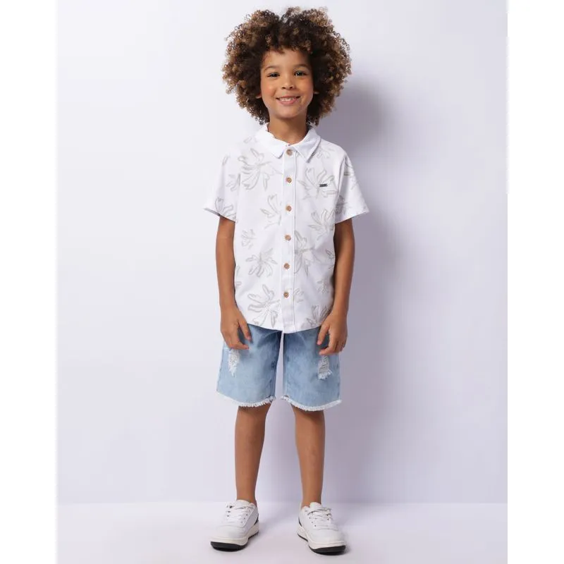 Bermuda Jeans Infantil Reta Destroyed Barra Desfiada Azul 4