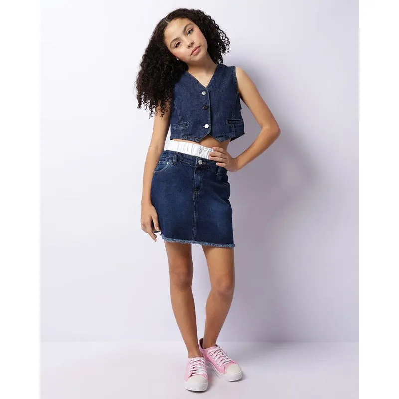 Saia Jeans Juvenil Curta Cós Duplo Barra Desfiada Azul 10