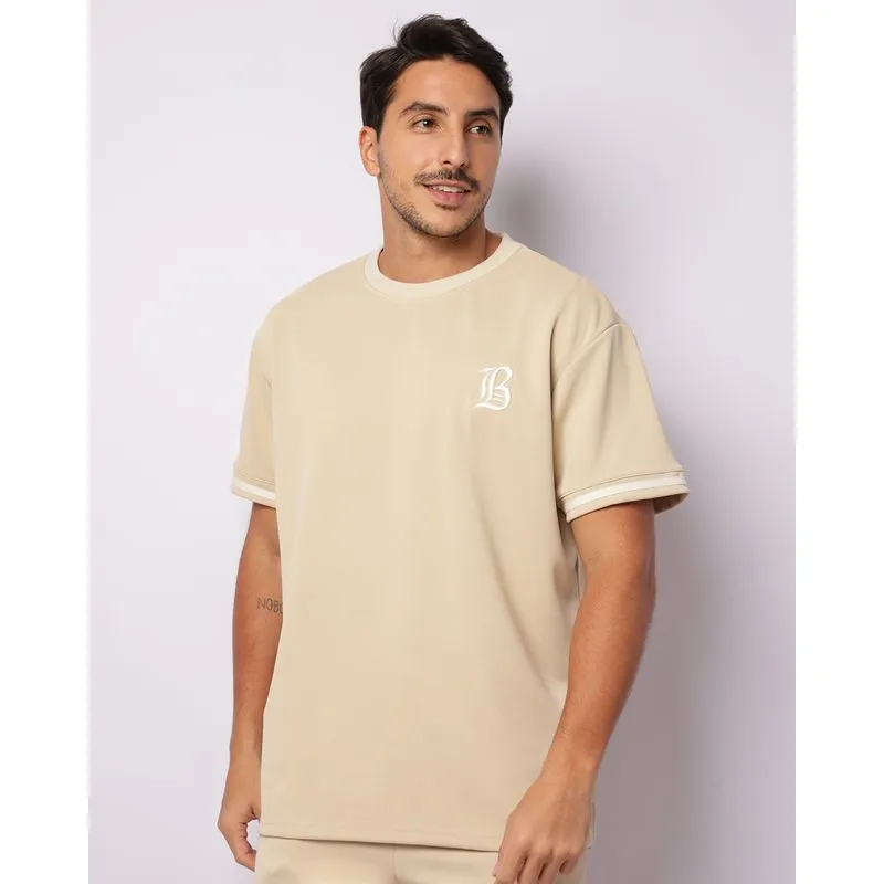 Camiseta Masculina Texturizada College Manga Curta Bege M