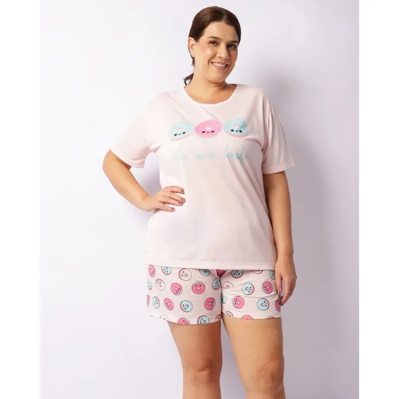 Pijama Plus Size Feminino Curto Estampa Donuts Rosa 48