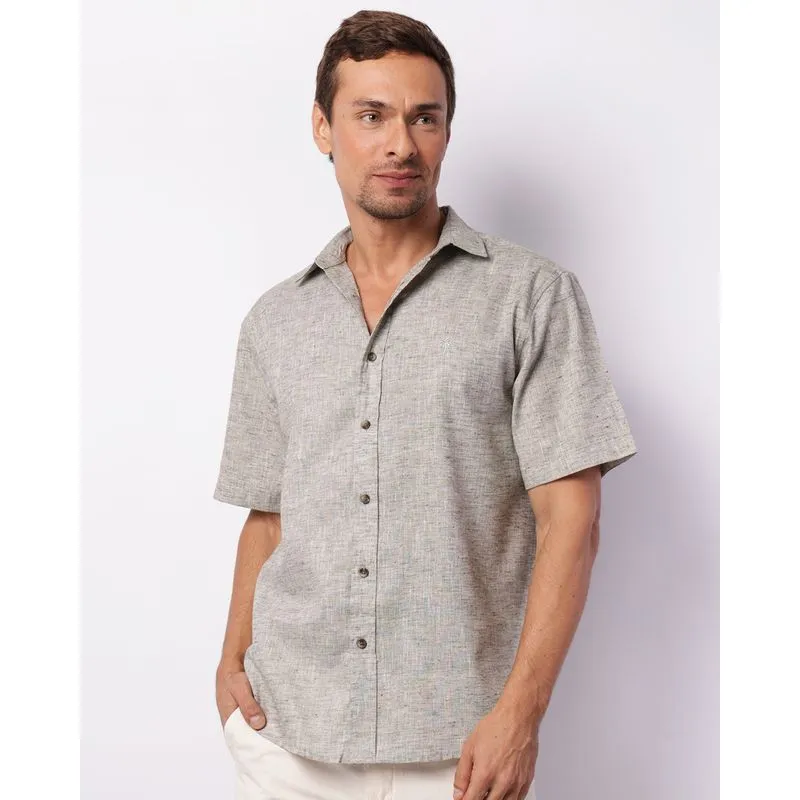 Camisa Masculina com Bordado Mesclada Manga Curta Verde G