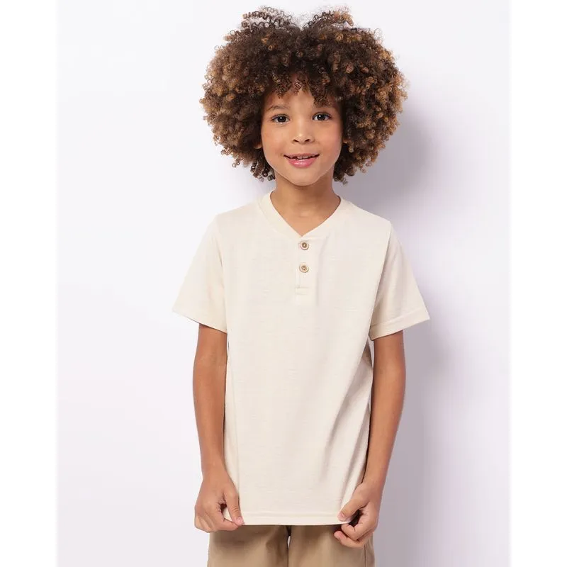 Camiseta Infantil Texturizada Com Botão Manga Curta Bege 6