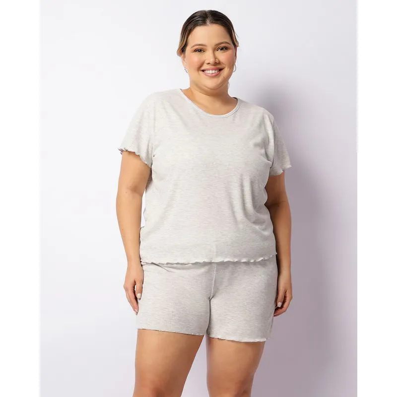 Pijama Plus Size Feminino Curto Ribana Frufru Cinza 50