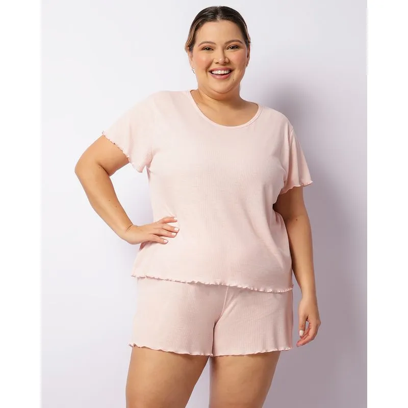 Pijama Plus Size Feminino Curto Ribana Frufru Rosa 48