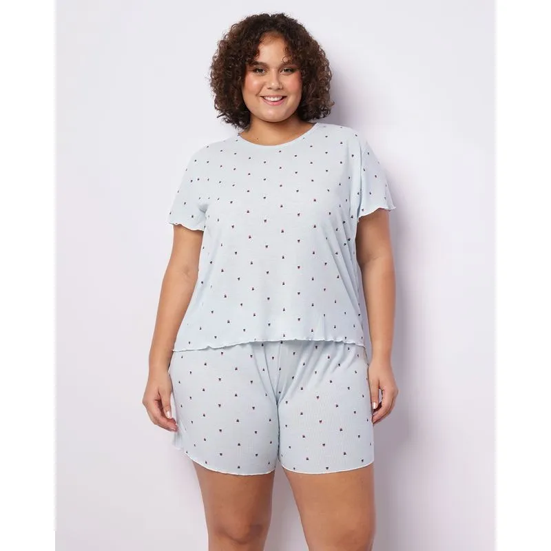 Pijama Plus Size Feminino Curto Canelado Frufru Corações Azul 50