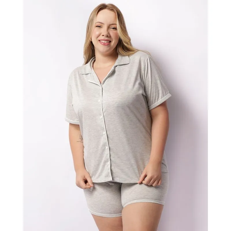 Pijama Plus Size Feminino Curto Americano Cinza 48