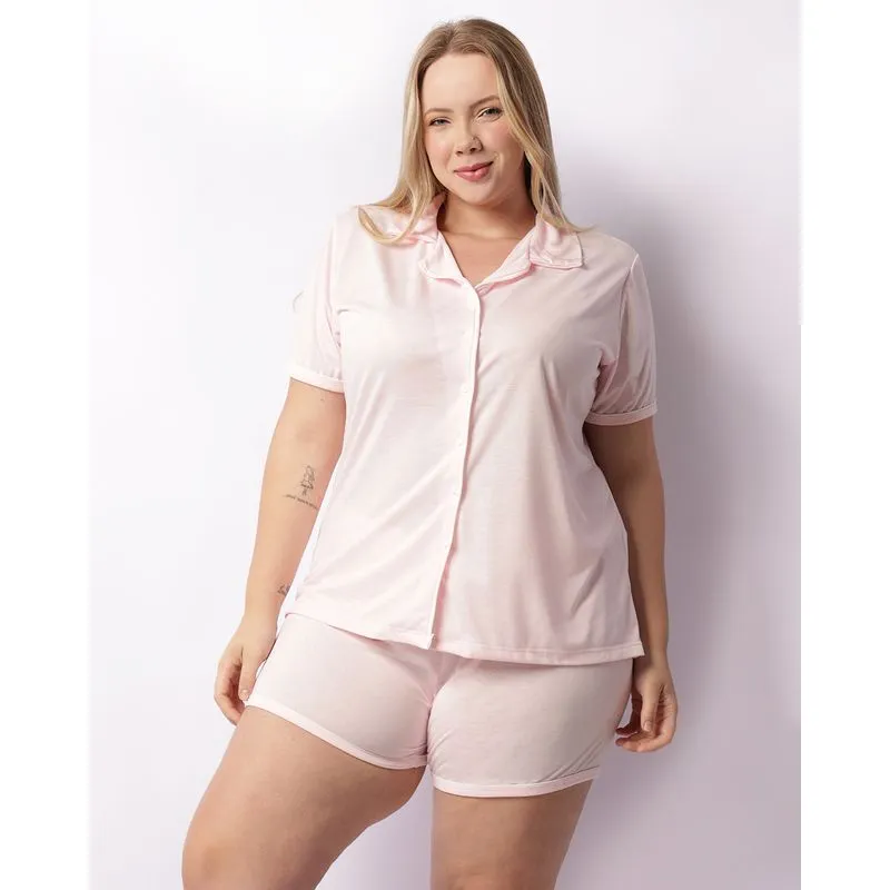 Pijama Plus Size Feminino Curto Americano Rosa 50