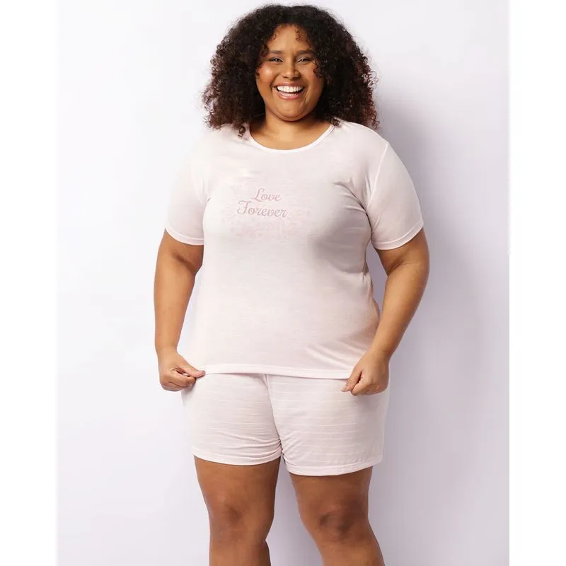 Pijama Plus Size Feminino Curto Estampa Floral Rosa 50