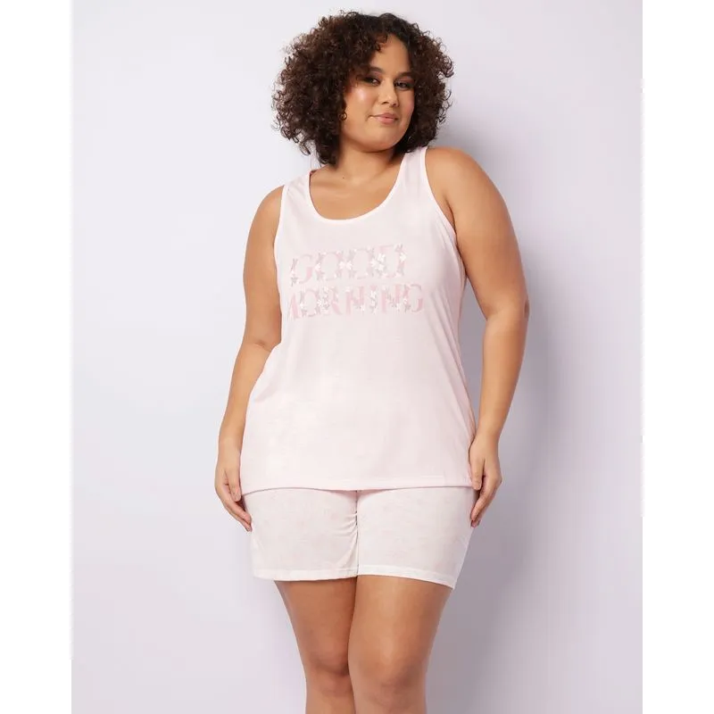 Pijama Plus Size Feminino Curto Estampa Floral Rosa 52