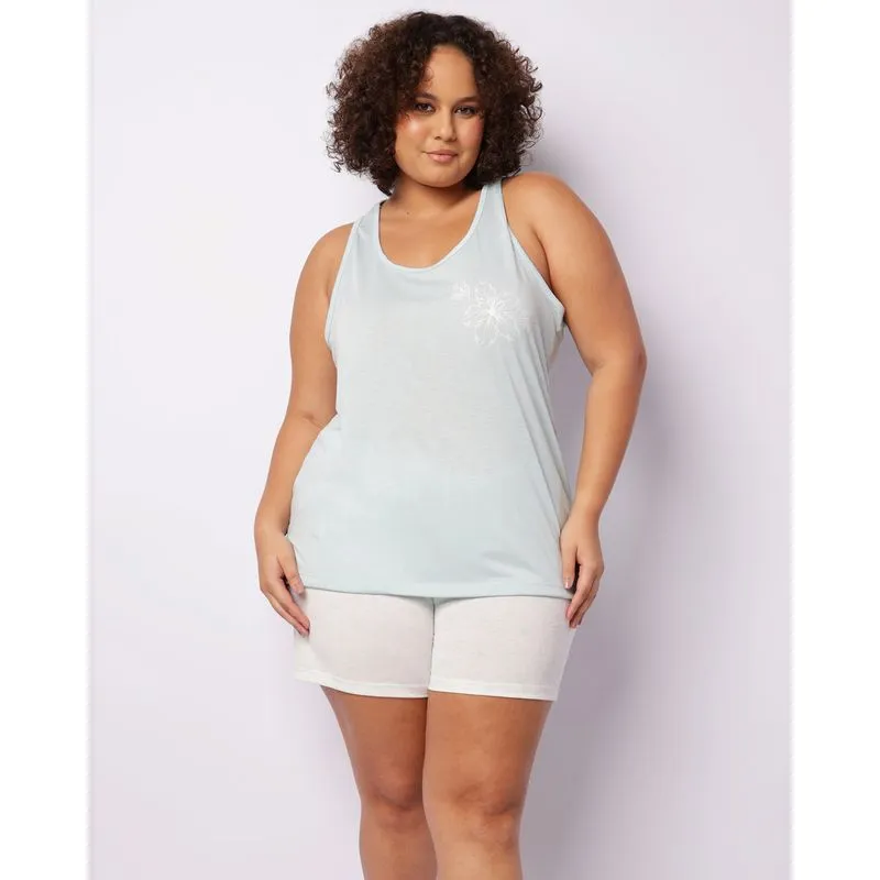 Pijama Plus Size Feminino Curto Estampa Floral Verde 50