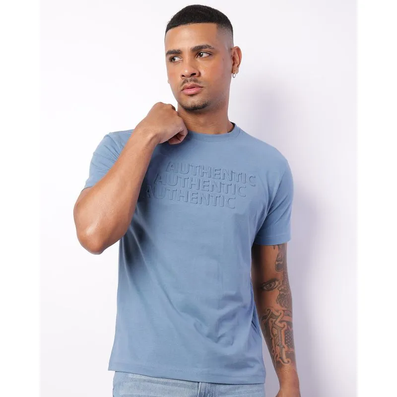 Camiseta Masculina Manga Curta Estampa Embossing Azul G
