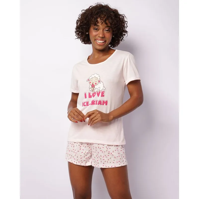 Pijama Feminino Curto Estampa Ovelha Rosa GG