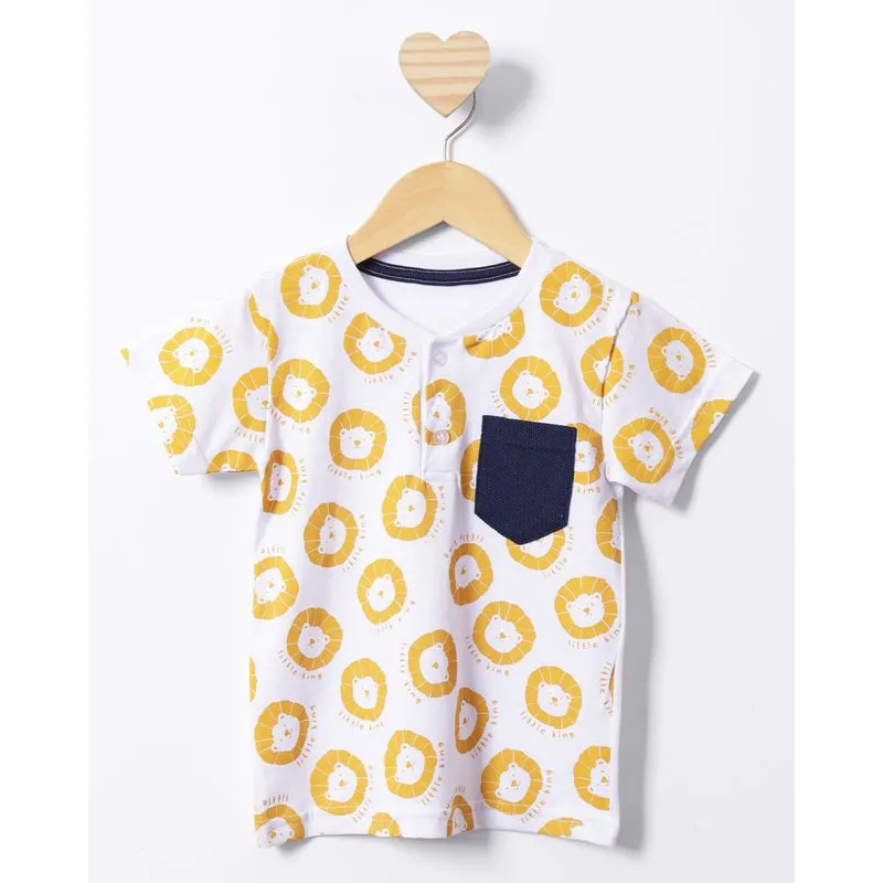 Camiseta Bebê Manga Curta Estampa Leão Com Bolso Branca 3