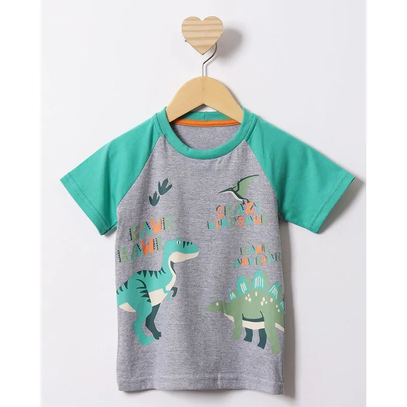 Camiseta Bebê Manga Curta Rglan Estampa Dinossauro Cinza 1