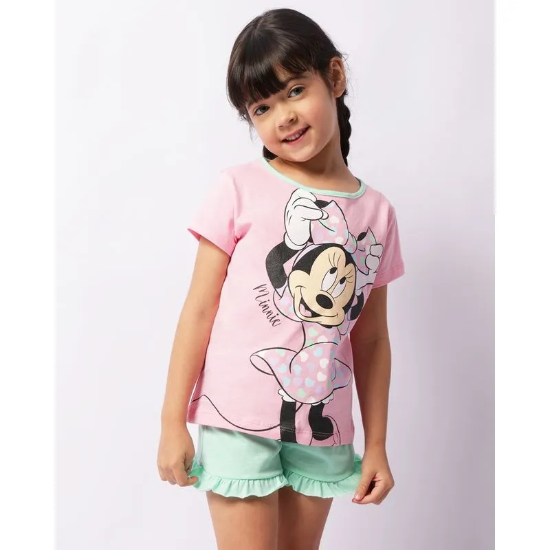 Pijama Infantil Manga Curta Disney Estampa Minnie Com Glitter Rosa 6