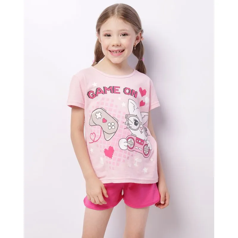 Pijama Infantil Curto Estampa Gatinha Gamer Rosa 6