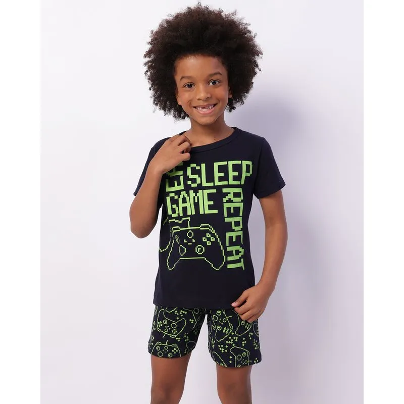 Pijama Infantil Curto Estampado Game Marinho 10