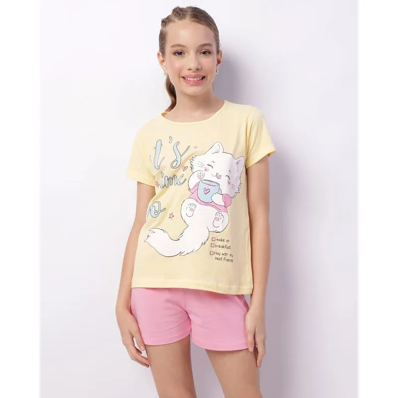 Pijama Juvenil Curto Estampa Gatinha Glitter Amarelo 14