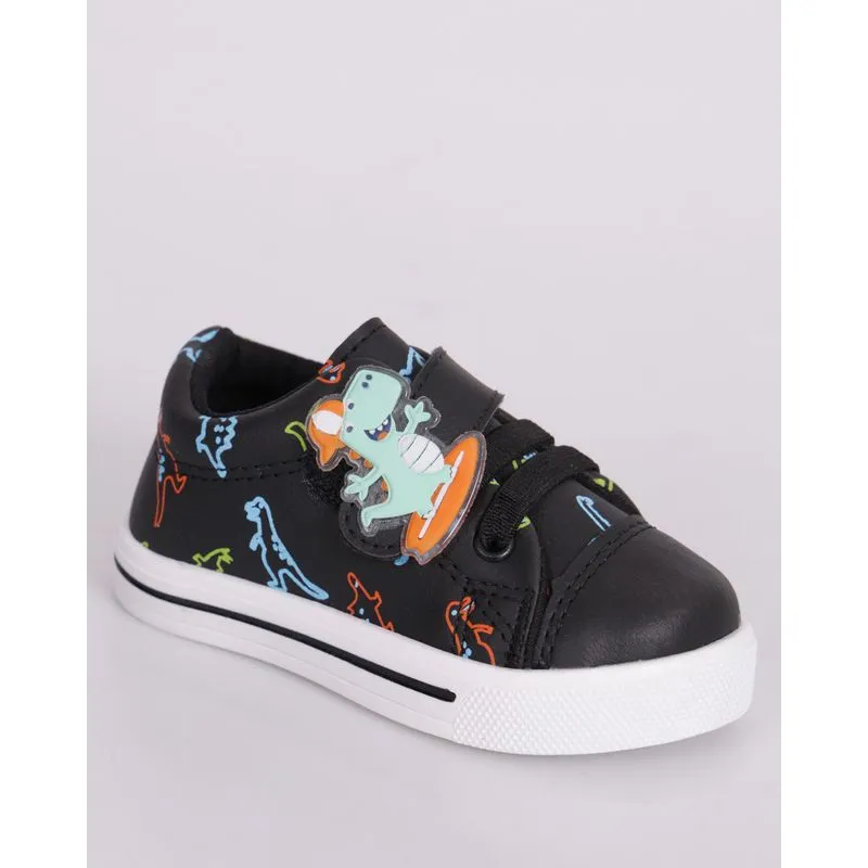 Tênis Bebê com Tiras Fixadoras Aplicação Dino Skate Preto 25