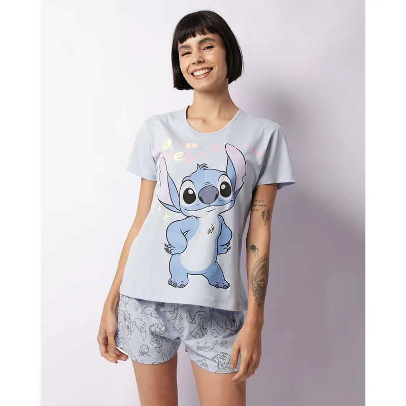 Pijama Feminino Disney Stitch Curto Manga Curta Azul M