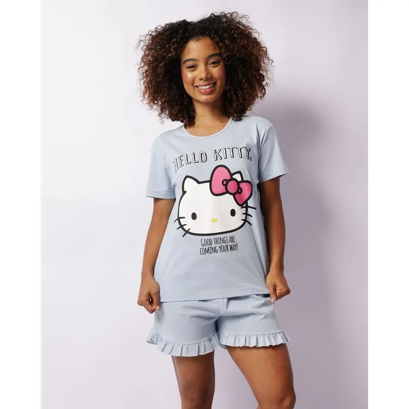 Pijama Feminino Hello Kitty Manga Curta Azul GG