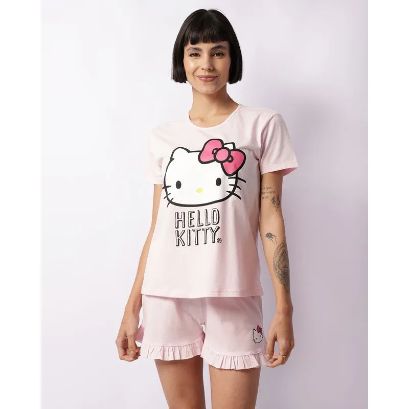 Pijama Feminino Hello Kitty Curto Babado Manga Curta Rosa M