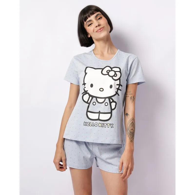 Pijama Feminino Hello Kitty Curto Manga Curta Azul G