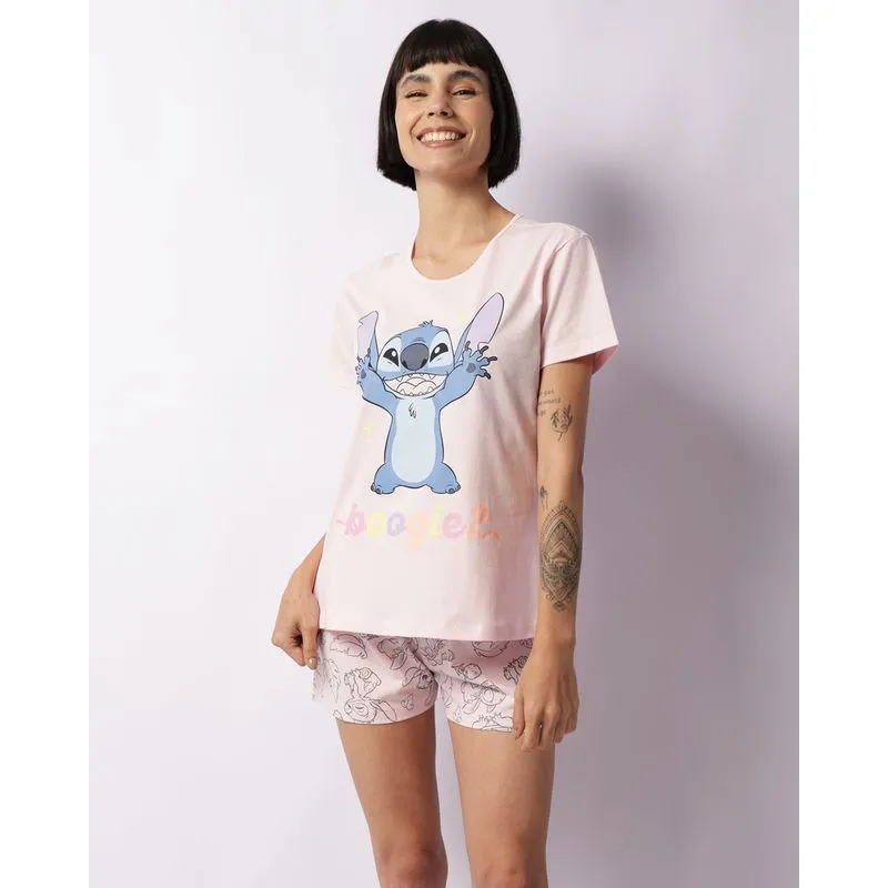 Pijama Feminino Disney Stitch Curto Manga Curta Rosa M