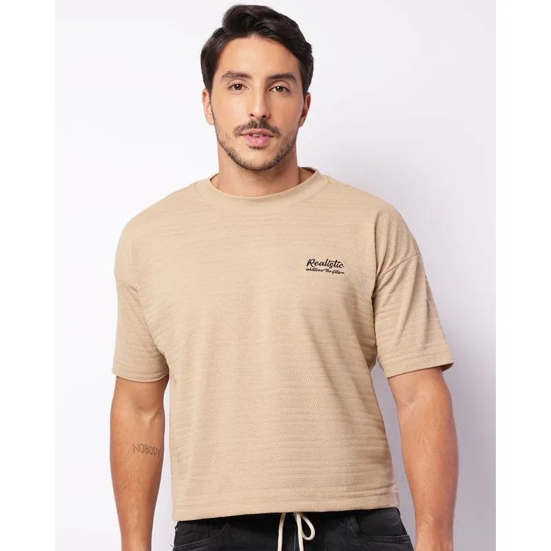 Camiseta Masculina Box Cropped Manga Curta Texturizada Bege G
