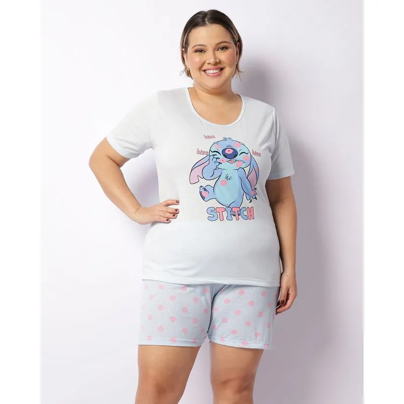 Pijama Plus Size Feminino Curto Disney Stitch Azul 52