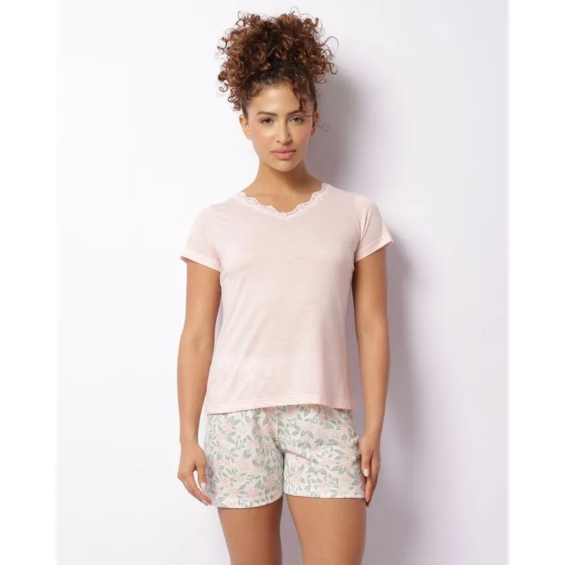 Pijama Feminino Curto Detalhe Renda Floral Rosa M