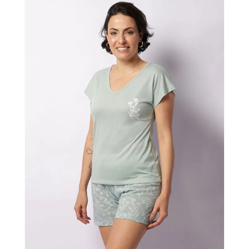 Pijama Feminino Curto Manga Japonesa Floral Verde GG