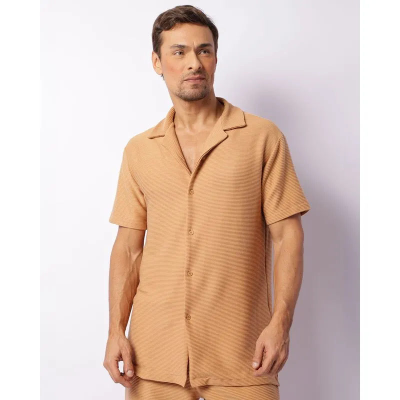 Camisa Masculina Canelada Manga Curta Marrom P