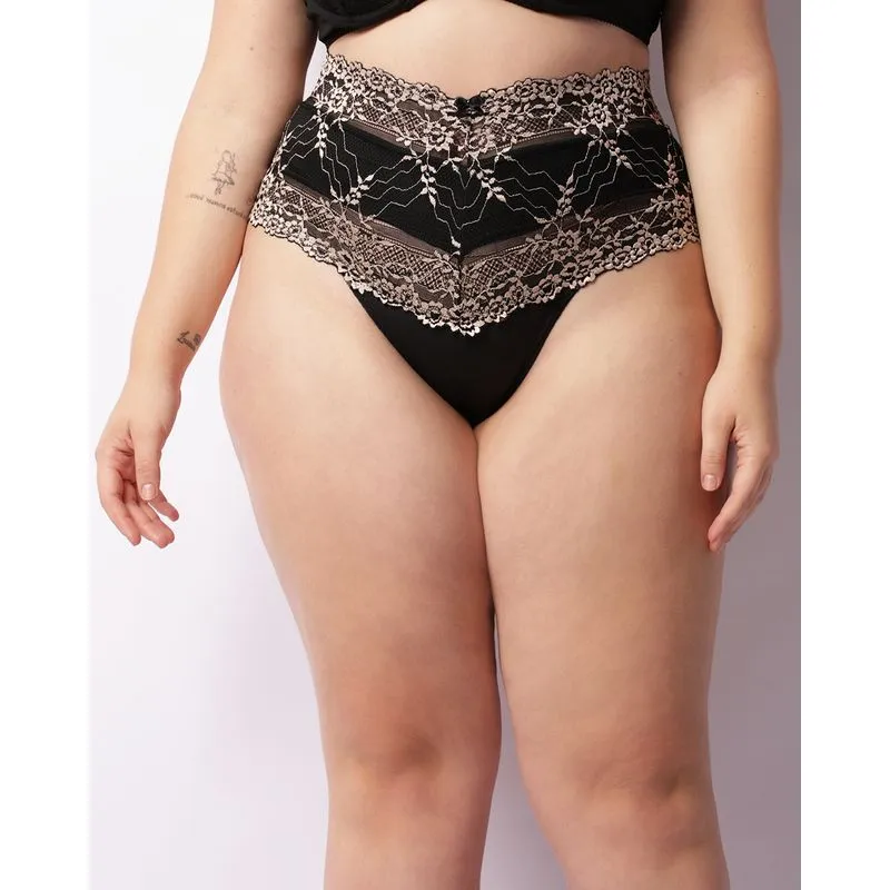Calcinha Plus Size Feminina Cintura Alta Com Renda Preta 48