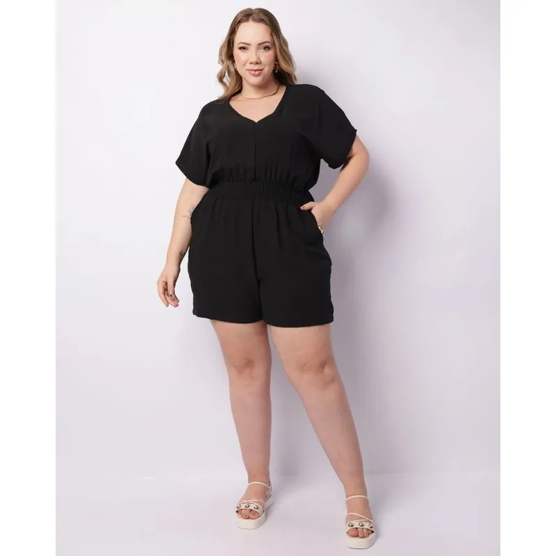 Macaquinho Plus Size Feminino Curto Bolsos Preto G1