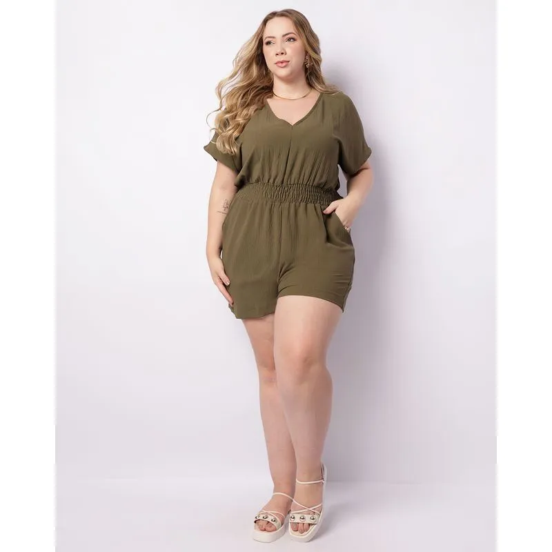 Macaquinho Plus Size Feminino Curto Bolsos Verde G2