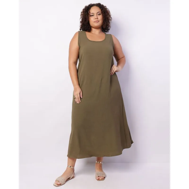 Vestido Plus Size Feminino Longo Texturizado Verde G2