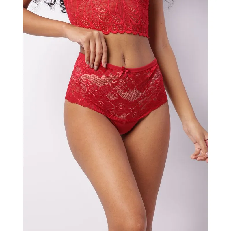 Calcinha Feminina Cintura Alta Fio Dental Com Renda Vermelha G