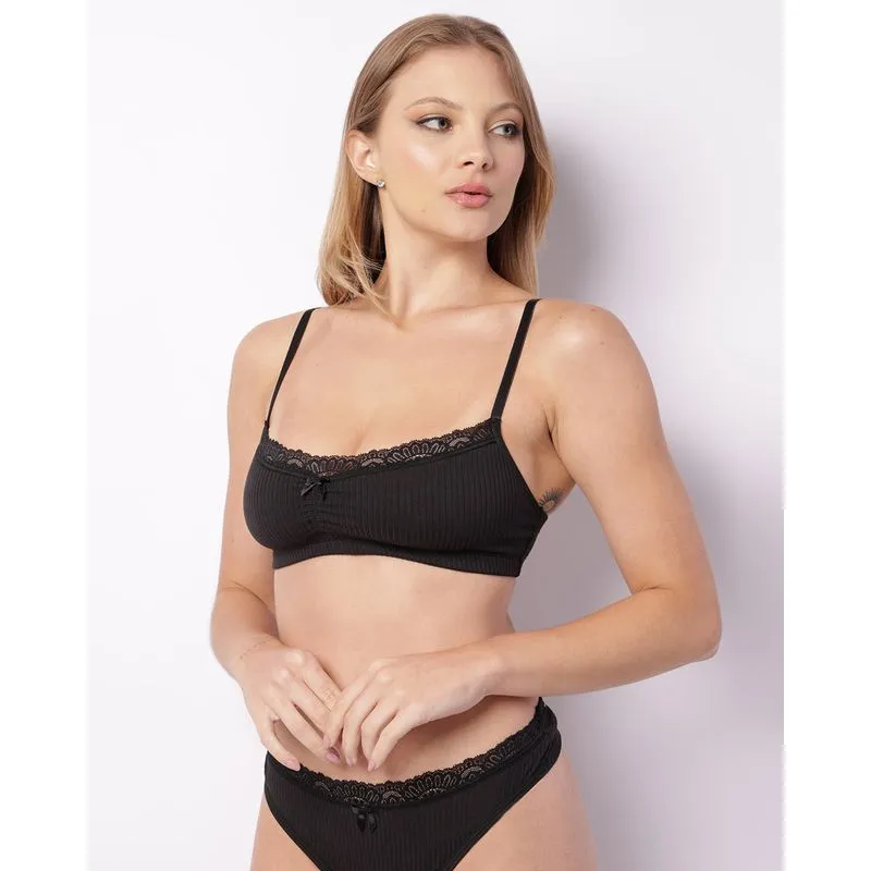 Sutiã Top Feminino Canelado Detalhe Renda Preto GG