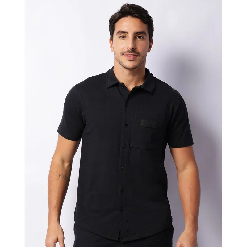 Camisa Masculina Maquinetada Com Bolso Preta M