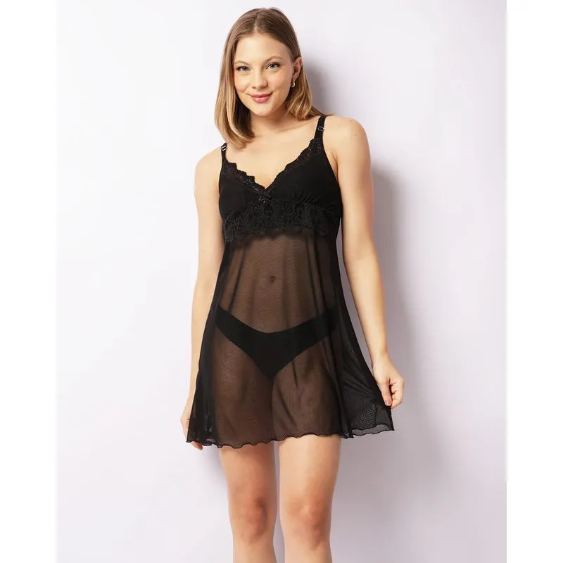 Camisola Feminina Curta Tule Com Renda Preto P