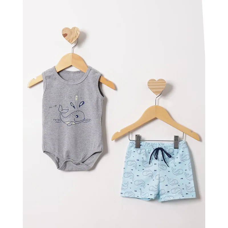 Conjunto Bebê Curto Estampa Baleia Cinza G