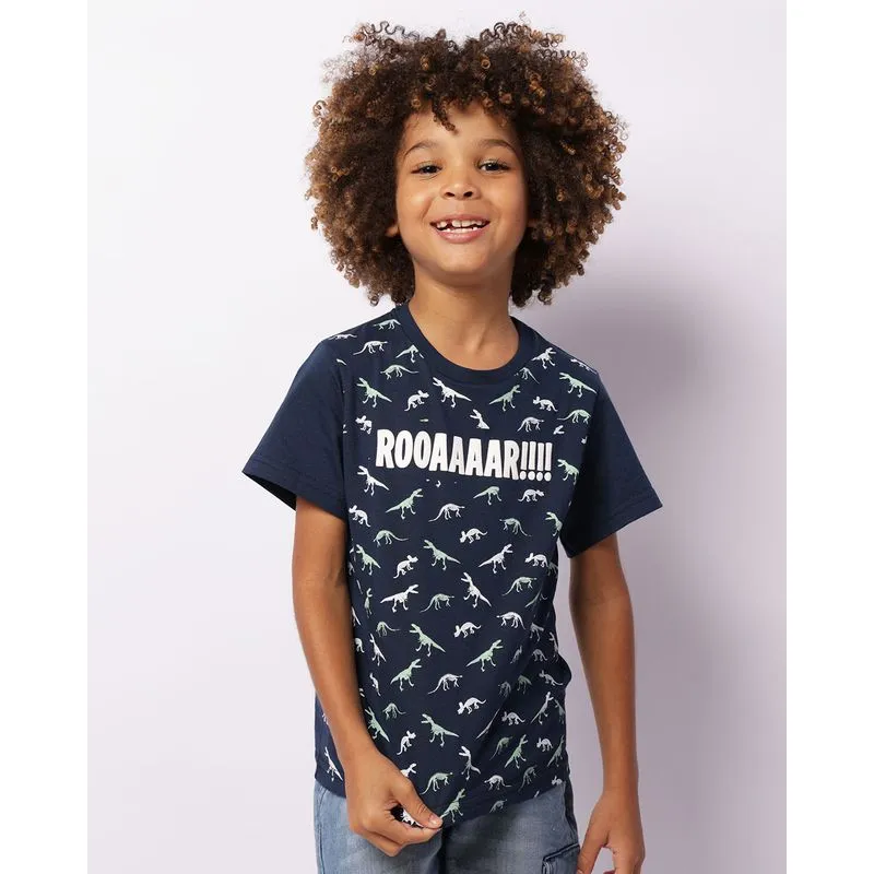 Camiseta Infantil Manga Curta Estampa Dinossauro Marinho 6