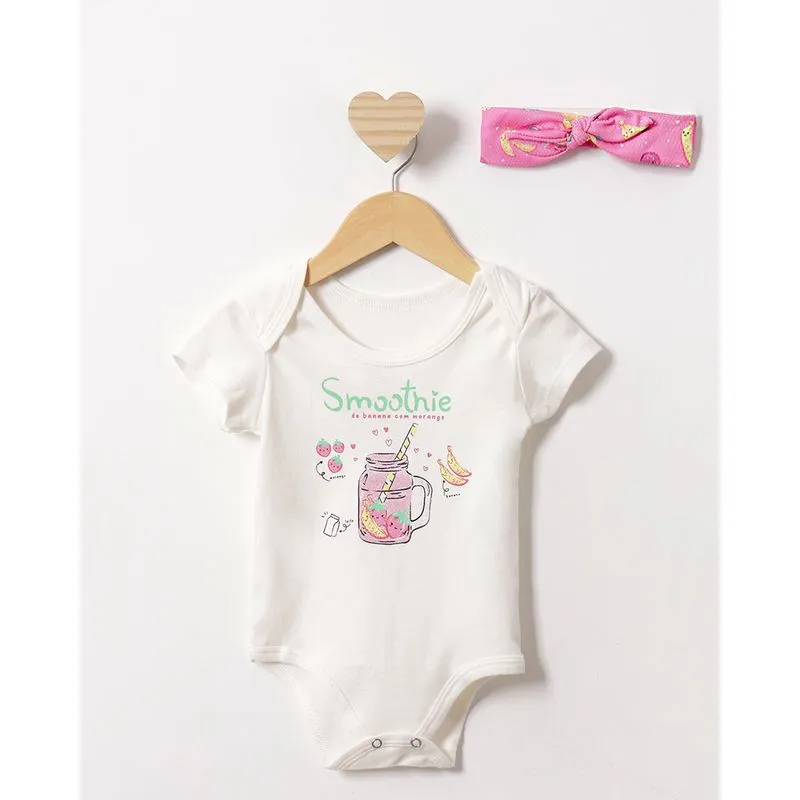 Body Bebê Estampa Smoothie Com Faixa De Cabelo Manga Curta Off White G
