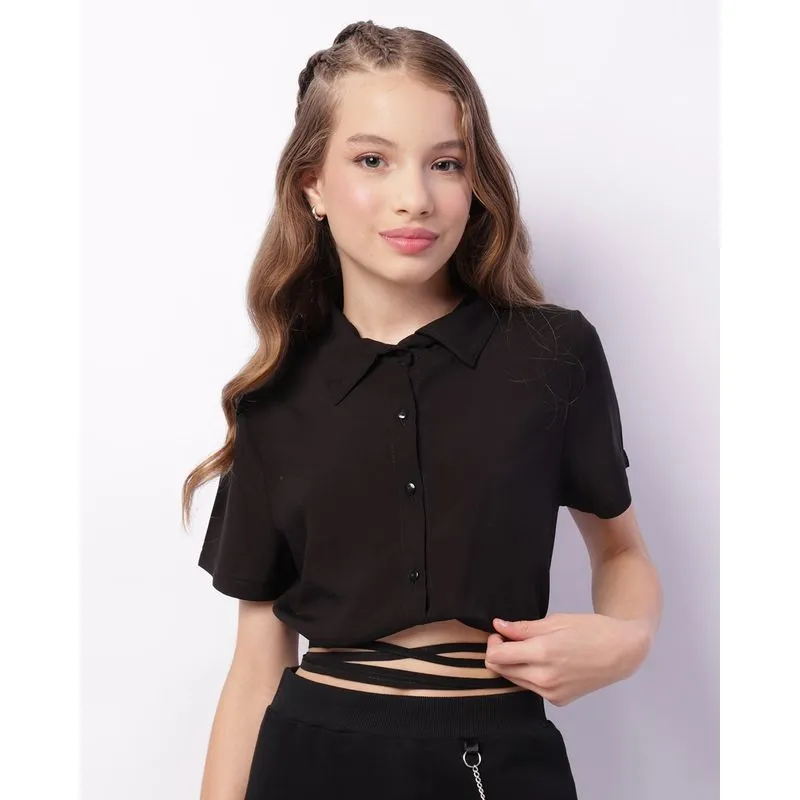 Camisa Juvenil Cropped Manga Curta Viscose Bolsos Preta 12