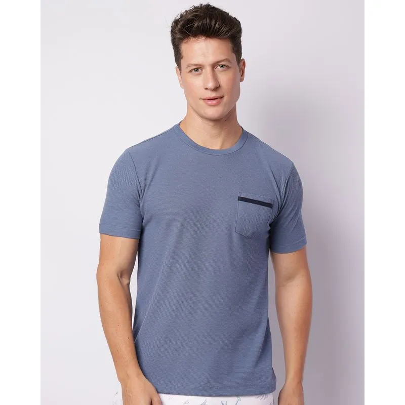 Camiseta Masculina Texturizada Com Bolso Manga Curta Azul P