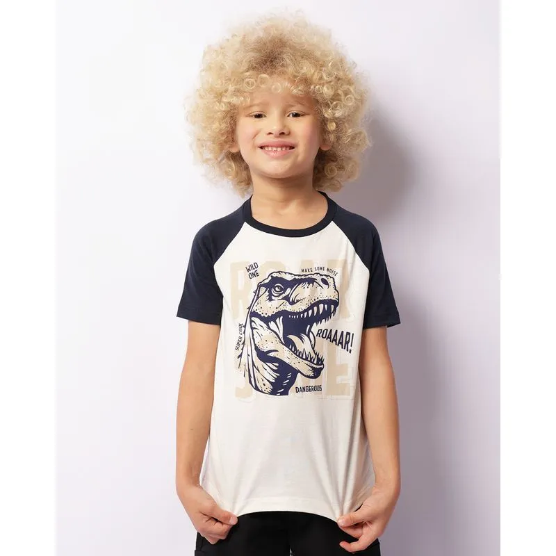 Camiseta Infantil Estampa Dinossauro Manga Curta Off White 10