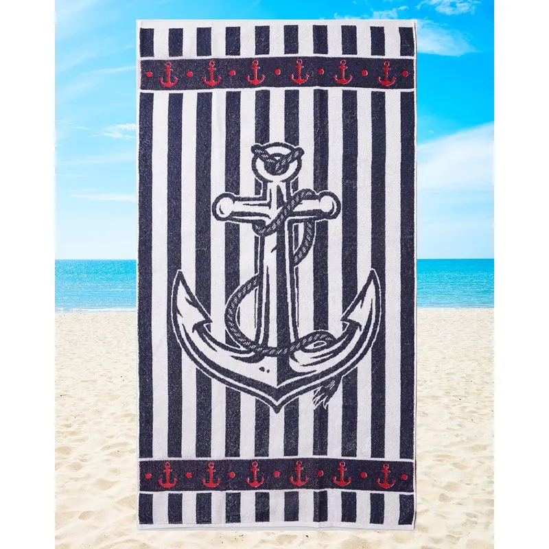 Toalha Praia Banhão 80cm x 150cm Estampada Âncora Branca UN