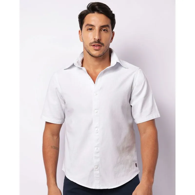 Camisa Masculina Sarja Manga Curta Com Botões Branca GG
