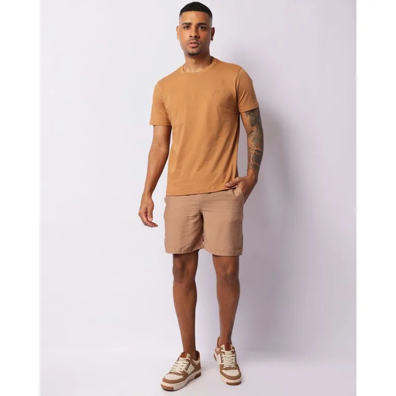 Bermuda Masculina Reta Crepe Bolsos Com Cordão Bege P